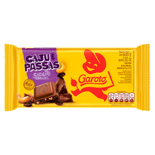 Tablete Chocolate Garoto Caju Passas 80g