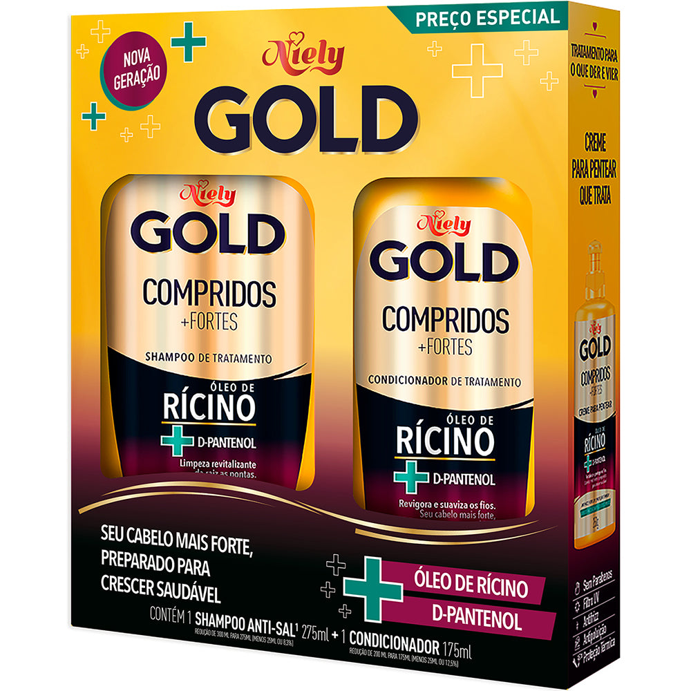 KIT SH.275+CD.175ML NIELY GOLD COMPRIDOS+FORTES OLEO RICINO